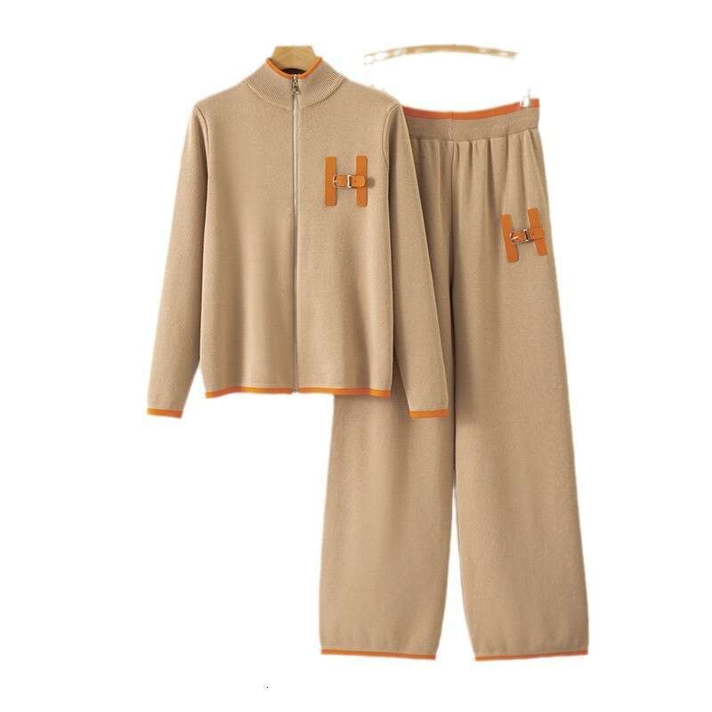 Cross-Border Foreign Trade Straight-Leg Wide-Leg Pants Casual Fashion Two-Piece Set Women's Autumn New Knitted Zipper Cardigan Suit