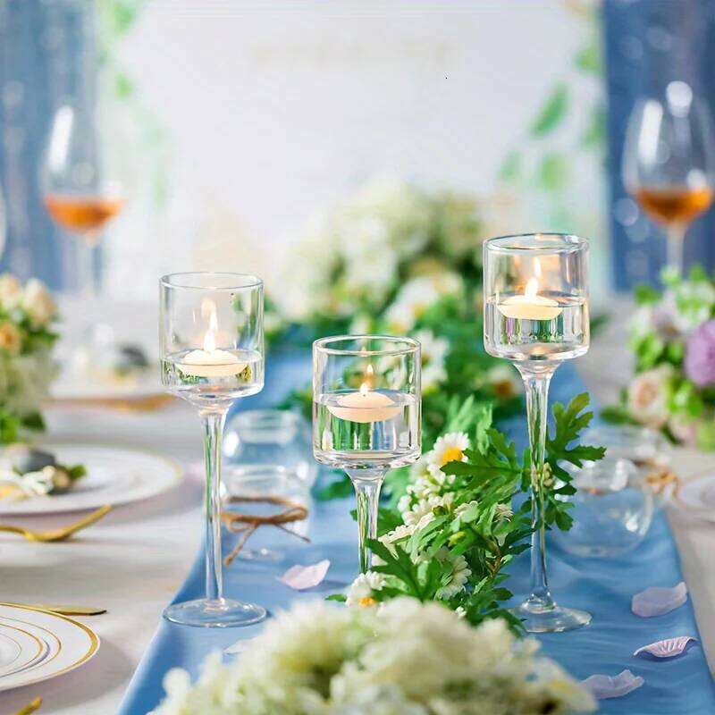 Set of 3 Glass Tall Tea Light Holders, Elegant Clear Long Stem Pillar Candle Holders for Wedding, Party, Home Decor Y260131