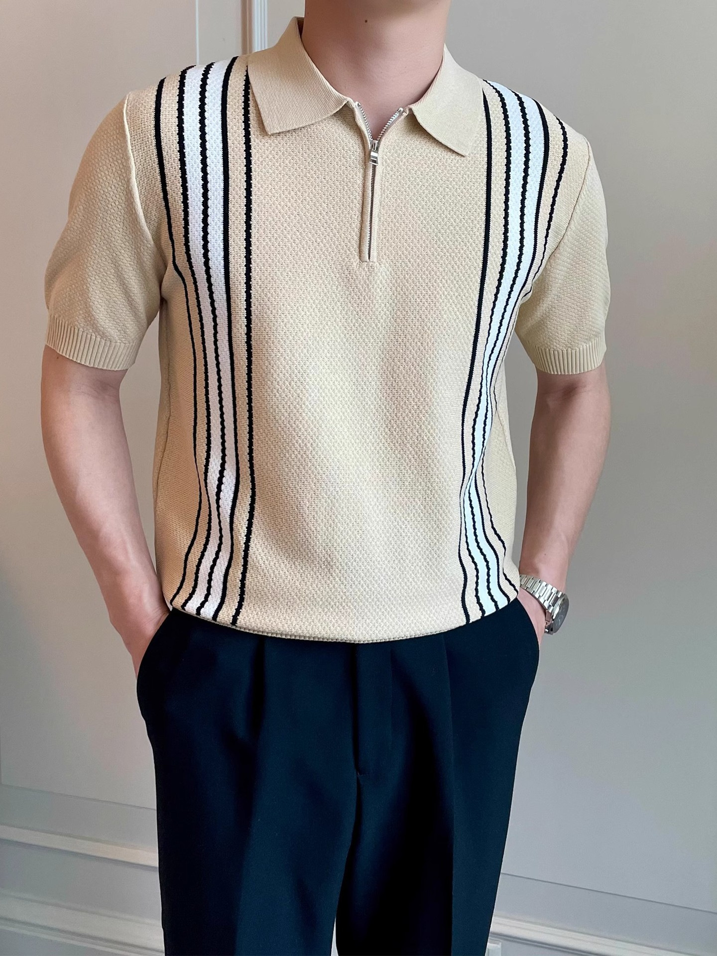 Men's light luxury summer men's vintage contrast pineapple pattern jacquard striped casual knitted POLO top