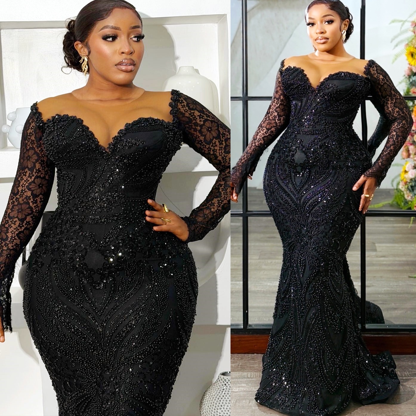 Aso Ebi Black Mermaid Prom Dresses 2026 Sheer Neck Lace Full Sleeves Sequined Evening Formal Party Second Birthday Engagement Gowns Dress For Special 