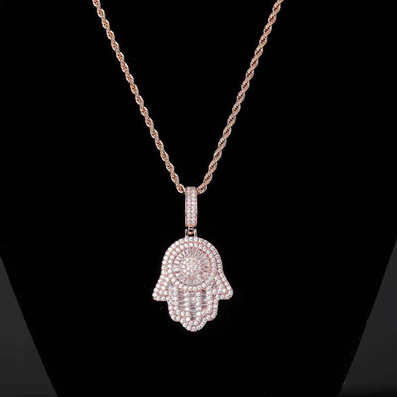 Luxury Jewelry Bling 3A Cz Stone 925 Sterling Silver Gold Plated Hamsa Hand of Fatima Pendant