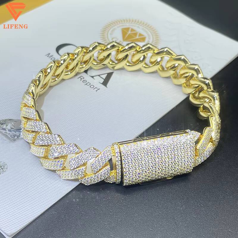 Lifeng Custom 20mm 4Rows Moissanite Diamond Cuban Link Chain Bracelet Gold Plated 925 Sterling Silver Bracelet Iced Out Jewelry