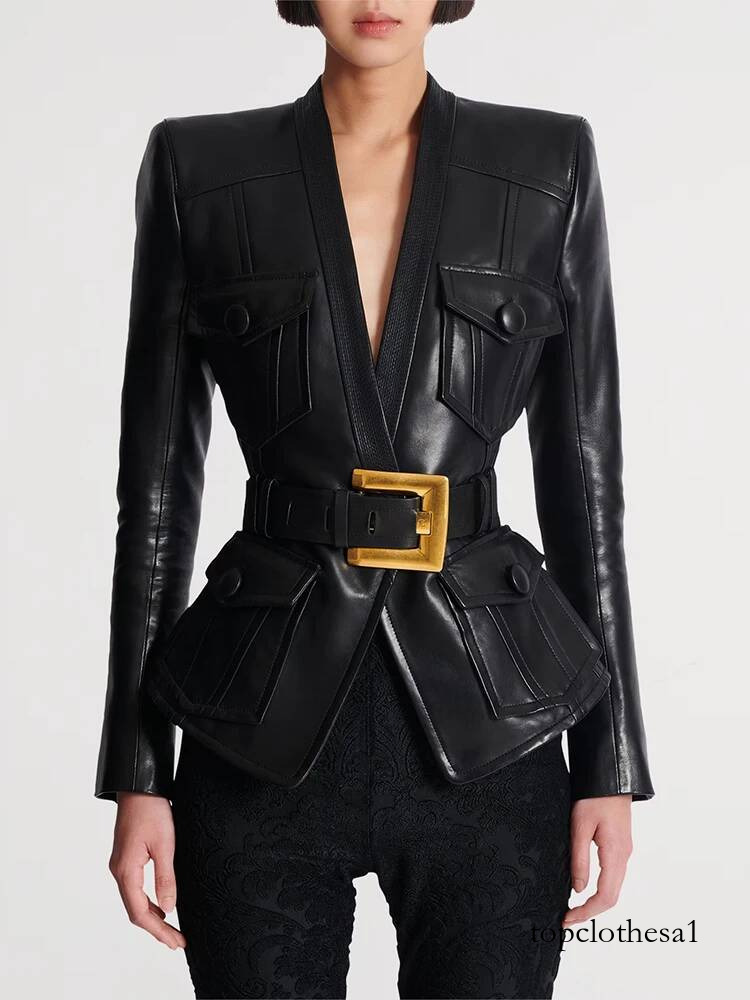 HIGH STREET Newest 2026 Designer Jacket Women's Belt Slim Fitting Button Pocket Decoration Artificial Leather Blazer