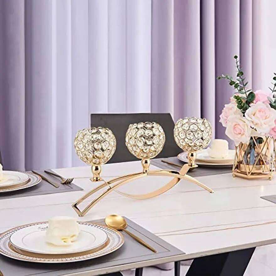 Gold Candle Holders Table Centerpieces,Tealight Candlestick, Candelabra Stand, 3 Arms for Living Room, Wedding Decor Y260131