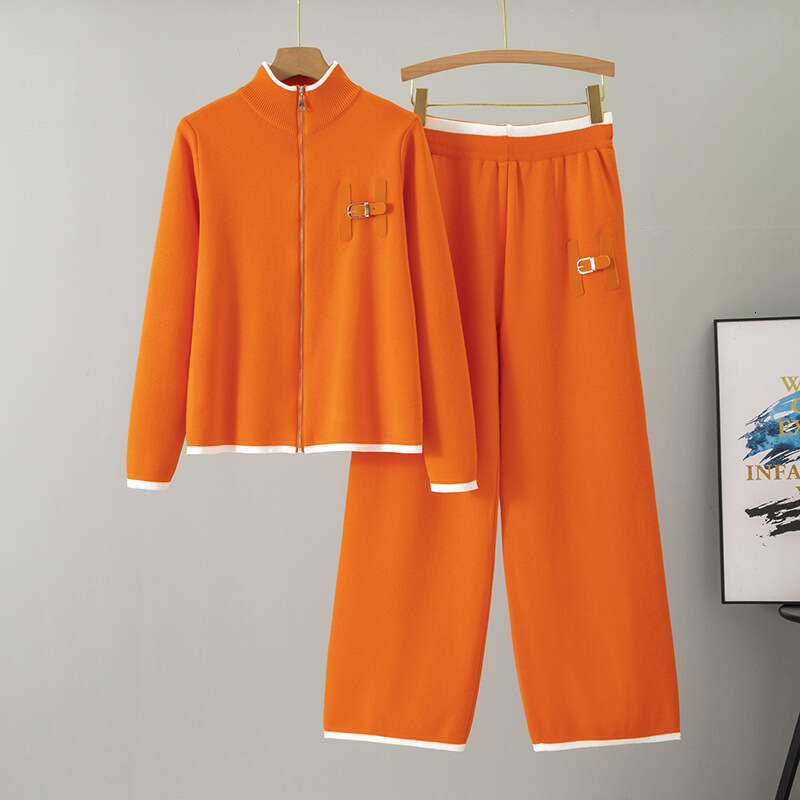 Cross-Border Foreign Trade Straight-Leg Wide-Leg Pants Casual Fashion Two-Piece Set Women's Autumn New Knitted Zipper Cardigan Suit