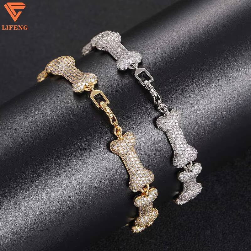 Hot Sales Fashion Jewelry 10mm Width 925 Silver Iced Out VVS Moissanite Cute Dog Bone Shaped Bling Thin Cuban Chain Bracelet Men