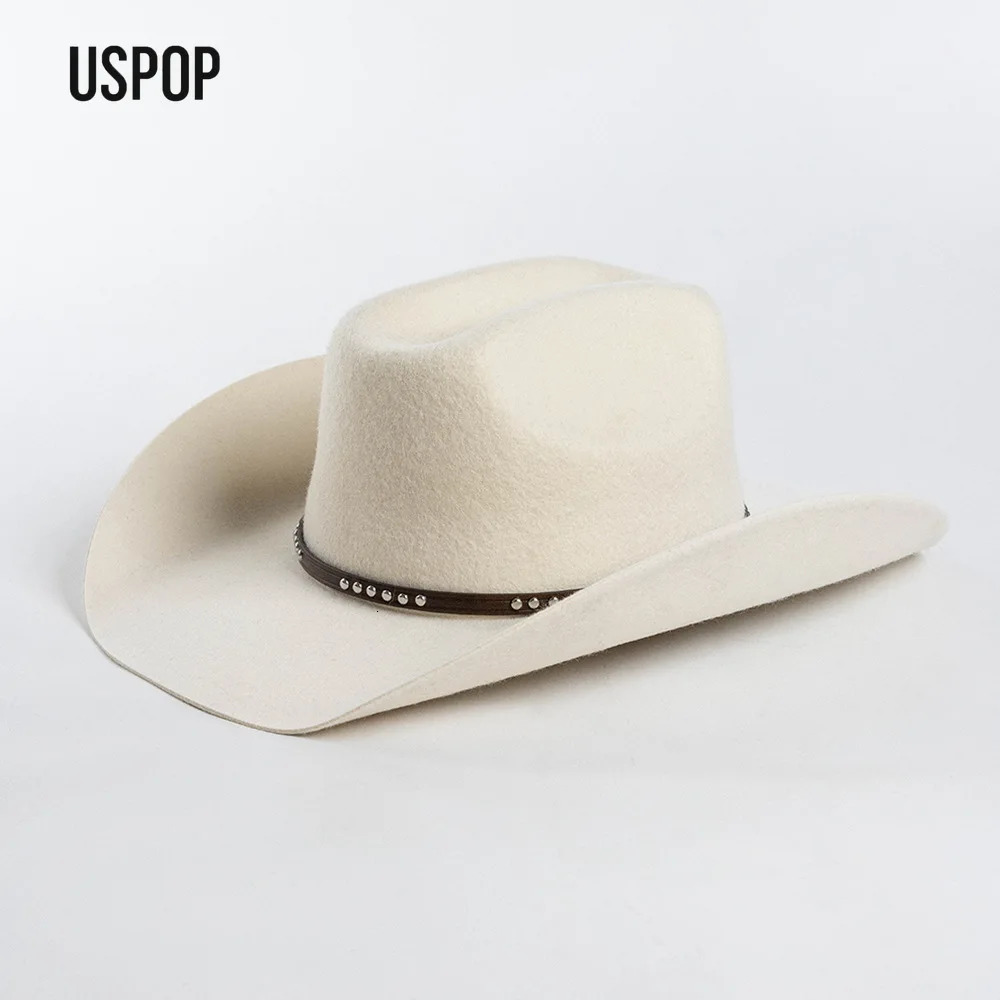 USPOP Autumn Winter Western Cowboy Hat Unisex Casual Studded Wool Felt Hat with Belt Large Size Fedora Available in Sizes S-XL 260120