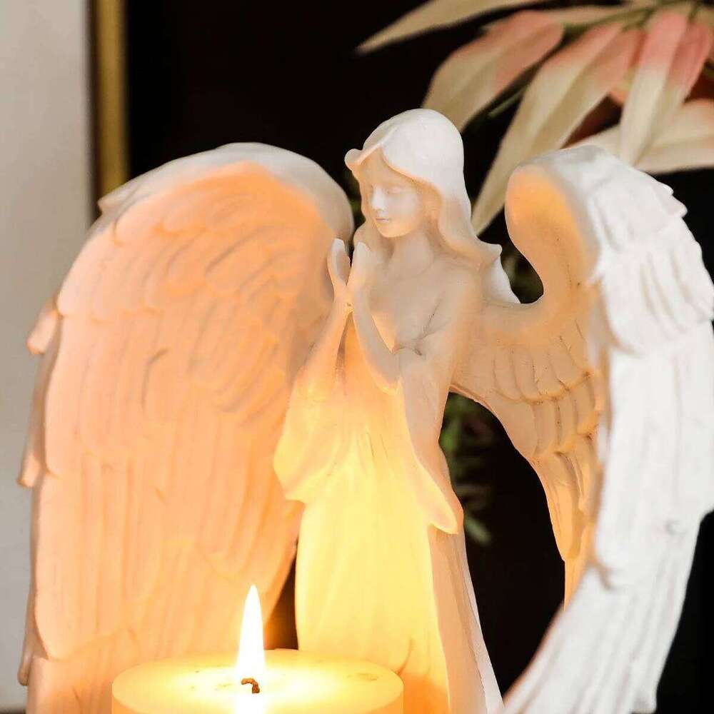 White Prayer Tealight Candle Holder for Church - Resin Religious Decor, Altar Decoration with Guardian Angel Statue Y260131
