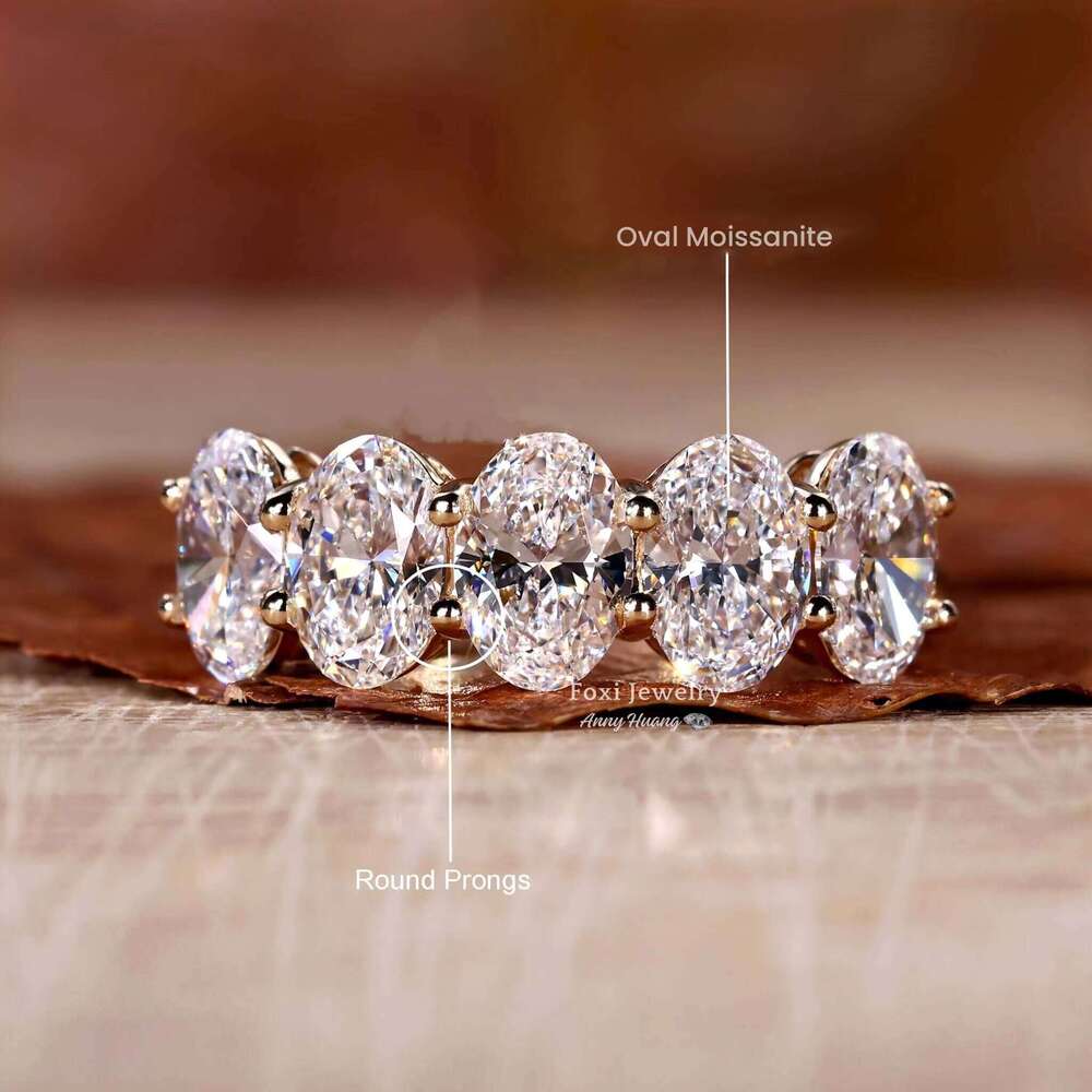 925 Silver Jewelry Yellow Gold Oval Cut Five Stones Lab Grown Diamond Wedding Ring Bling VVS Moissanite Eternity Rings For Women