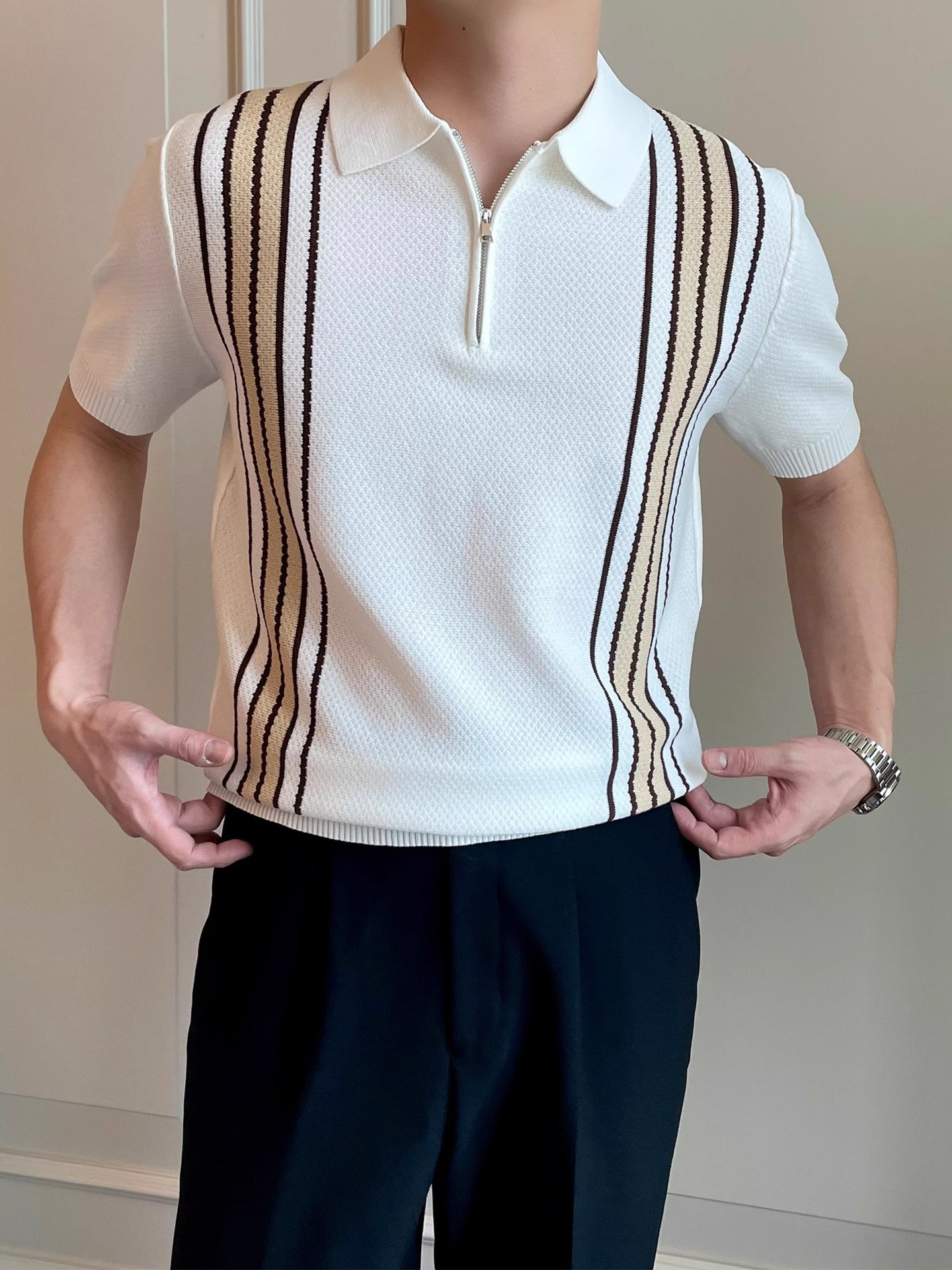 Men's light luxury summer men's vintage contrast pineapple pattern jacquard striped casual knitted POLO top