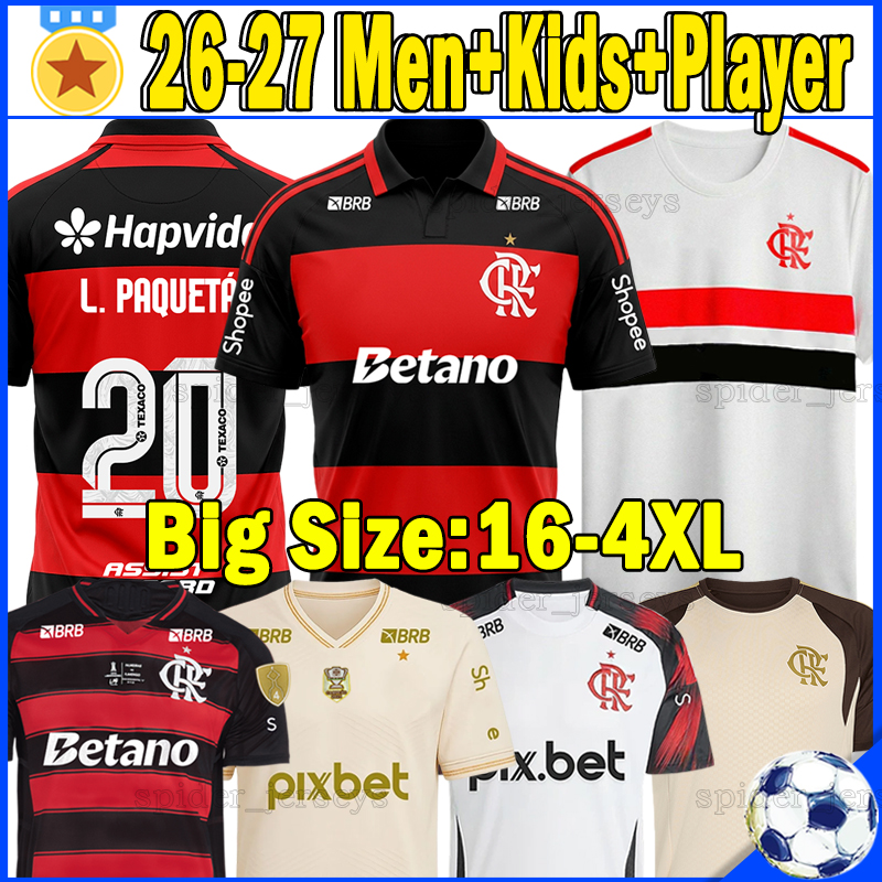 XXXL 4XL 26 27 Flamengo soccer jerseys L.PAQUETA DE ARRASCAETA B.HENRIQUE L.ARAUJO PLATA SAUL 2026 2027 PEDRO JORGINHO ERICK Football Shirt Men Uniforms Kids Kits Sets