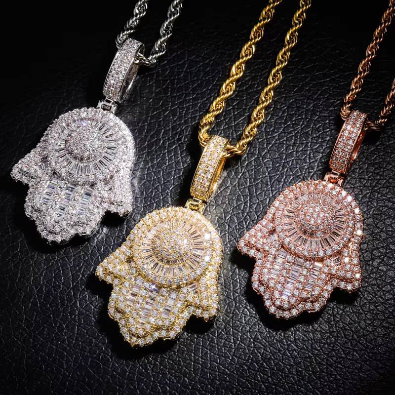 Luxury Jewelry Bling 3A Cz Stone 925 Sterling Silver Gold Plated Hamsa Hand of Fatima Pendant