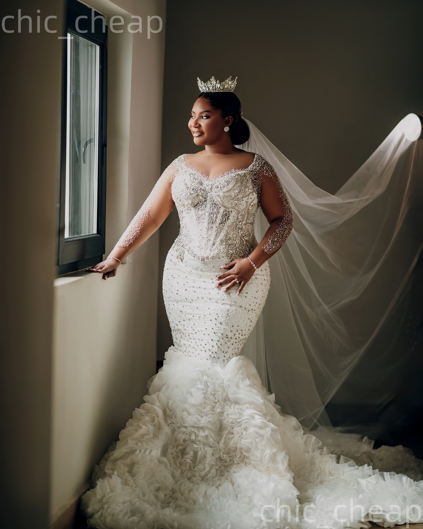 African Aso Ebi 2026 Ivory Mermaid Wedding Dress Lace Beaded Crystals Tiers Sheer Neck Full Sleeves Vintage Elegant Bridal Gowns Dresses ZJ269