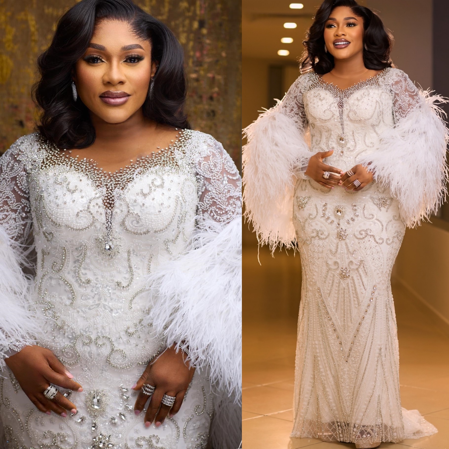 Aso Ebi Ivory Mermaid Prom Dresses 2026 Feather Beaded Crystals Sheer Neck Evening Formal Party Second Birthday Engagement Gowns Dress For Special Occ