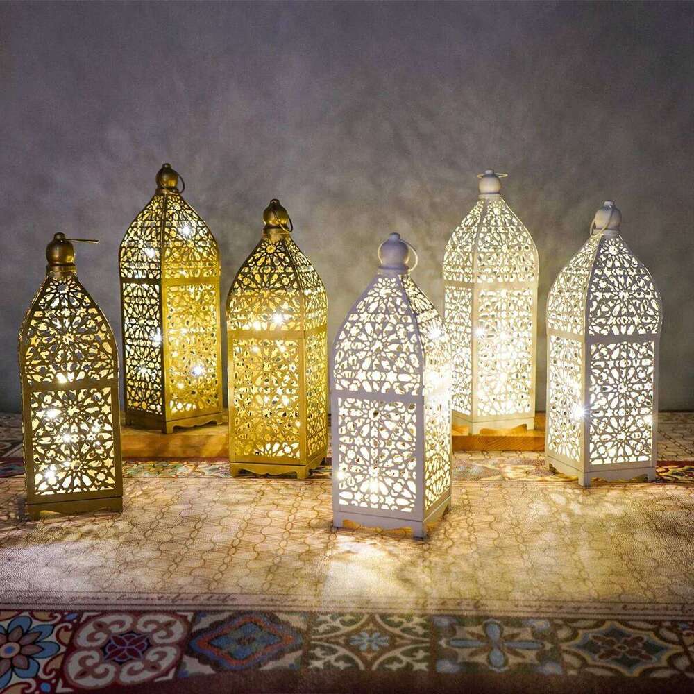 1PC Metal Vintage Decorative Light Morocco LED Hollow Wind Lamp Home Tabletop Atmosphere Lantern Crafts Decoration, Festive Deco Y260131