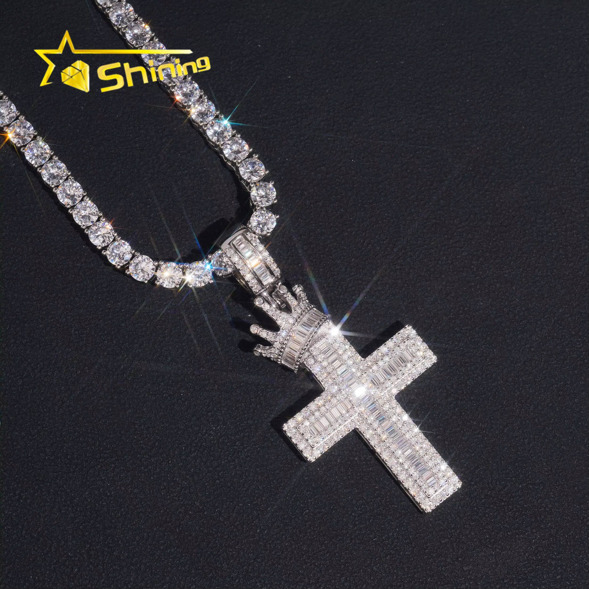 Crown Bail Baugette Moissanite Cross Charm 925 Sterling Silver Gold Plated Iced Out GRA Moissanite Pass Diamond Tester Pendant