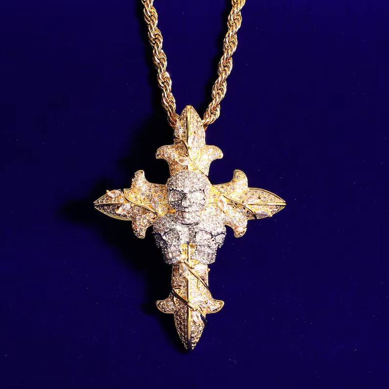 Fire Jewelry 925 Sterling Silver Custom Skull Pendant Moissanite VVS Hip Hop Jewelry Two Tone Moissanite Cross Pendant