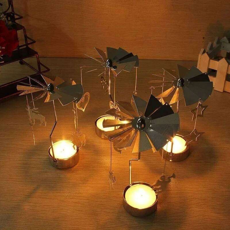 Christmas Decorations Spinning Rotary Metal Carousel Tea Candle Holder Stand Light Xmas Gift Candelabra for Home Y260131