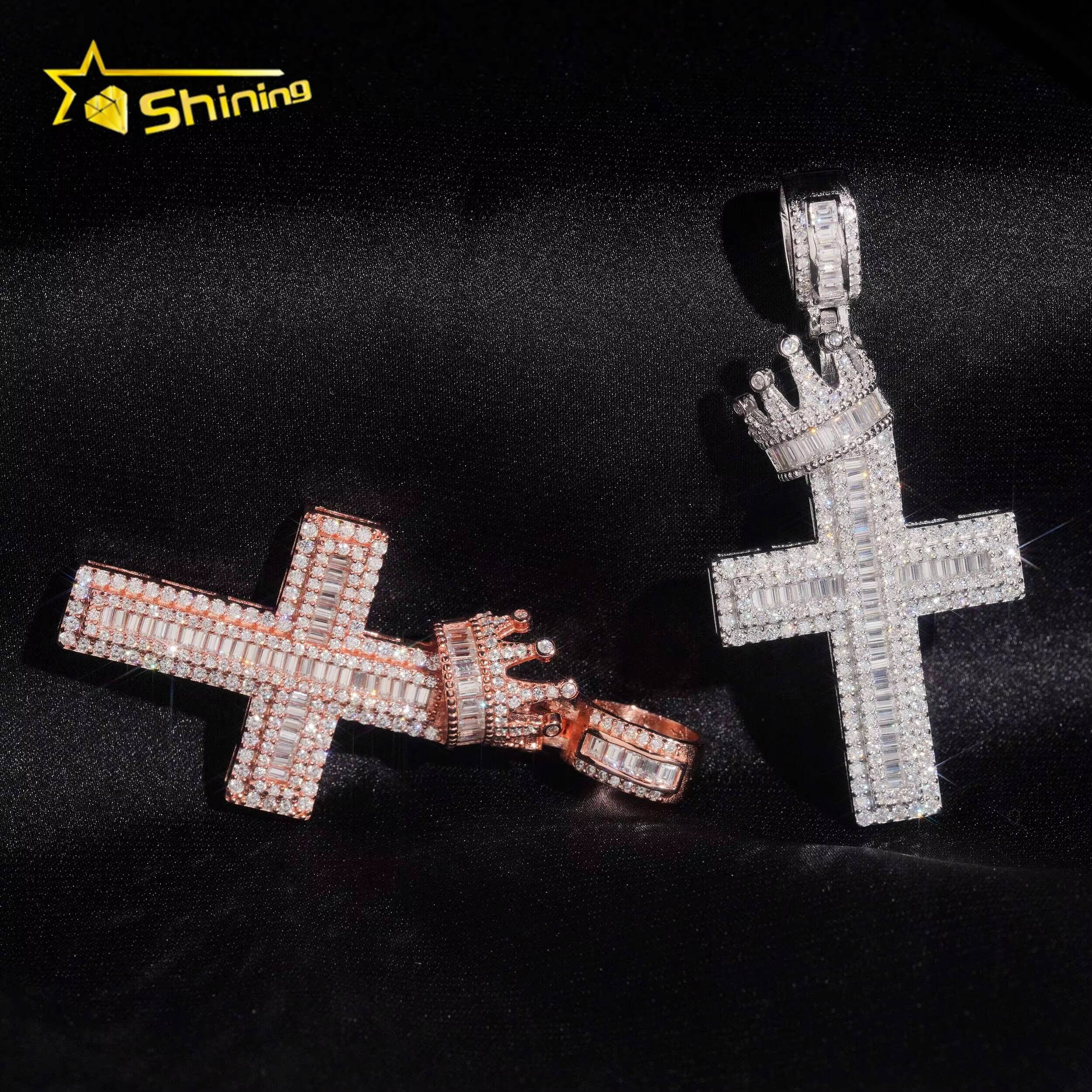 USA Local Stock Fast Shipping Cross Charm Rose Gold Plated 925 Sterling Silver Baguette Moissanite Hip Hop Iced Out Pendant
