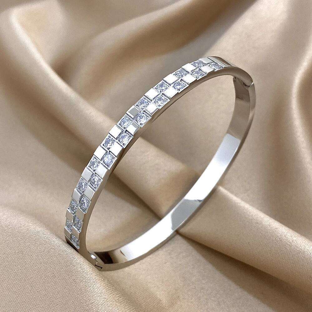 Inlaid Zircon Stainless Steel Spring Cuff for Women Smooth Thin Opening Bangle Waterproof Jewelry Accessories H260131 - view 6