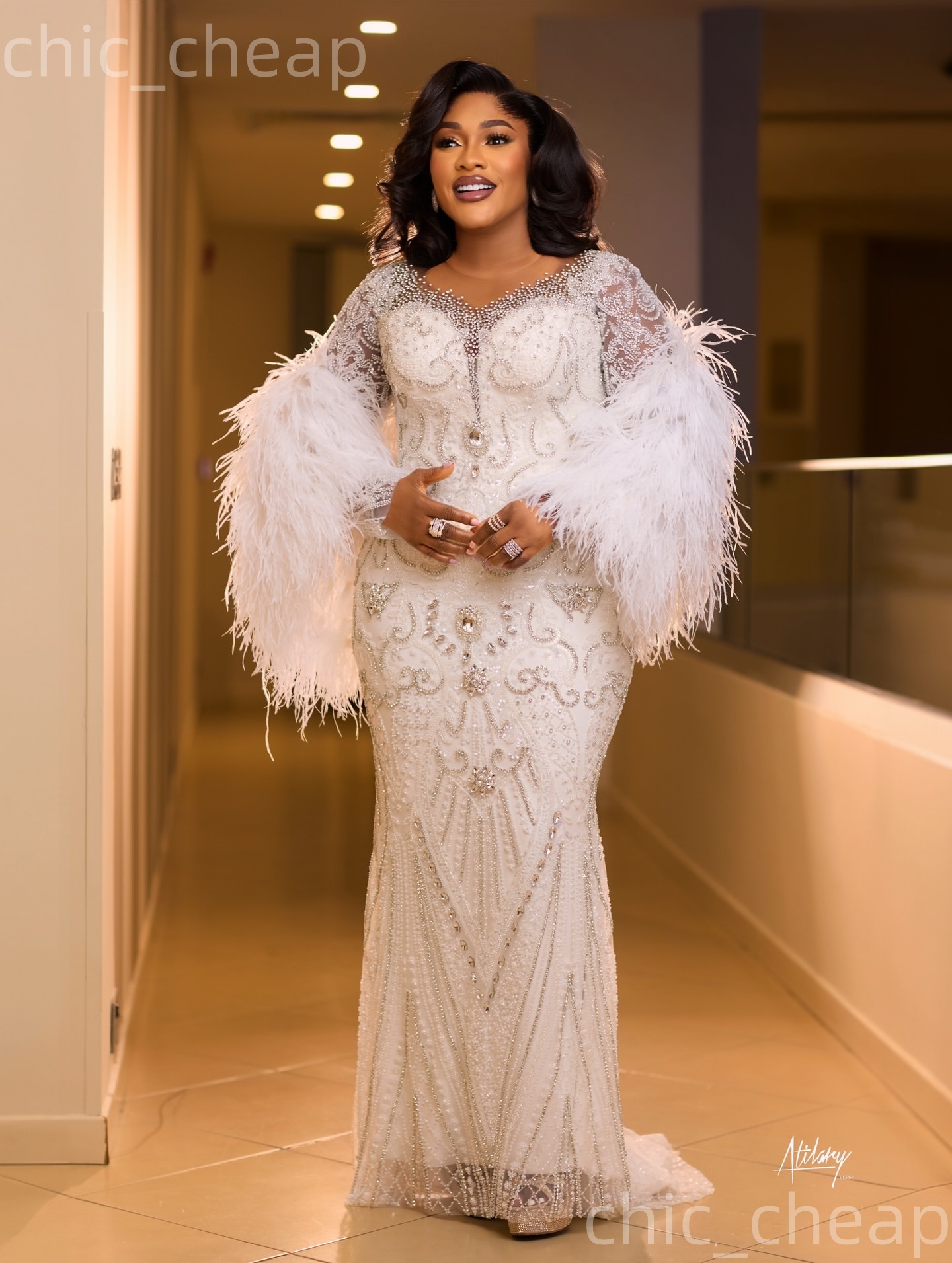 Aso Ebi Ivory Mermaid Prom Dresses 2026 Feather Beaded Crystals Sheer Neck Evening Formal Party Second Birthday Engagement Gowns Dress For Special Occ