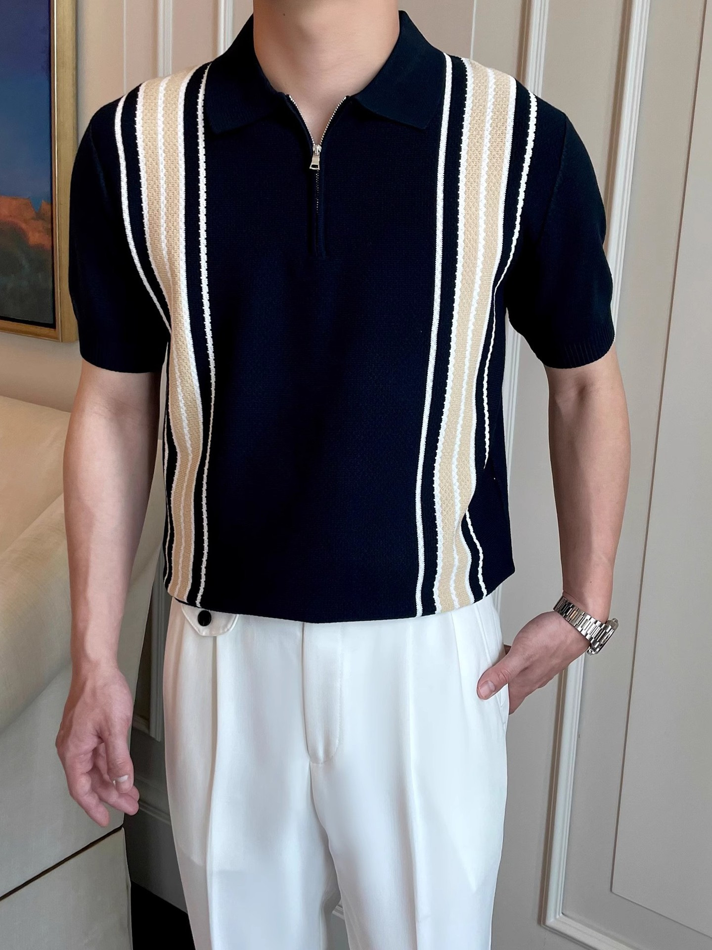 Men's light luxury summer men's vintage contrast pineapple pattern jacquard striped casual knitted POLO top
