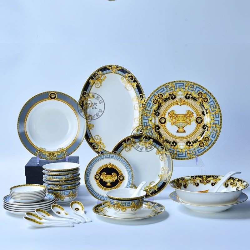 European Black Gold Bottle 32 Head Bone China Tableware for Home Ceramic Plate Bowl Spoon Fruit Plate Soup Bowl Fish Plate Free Combination