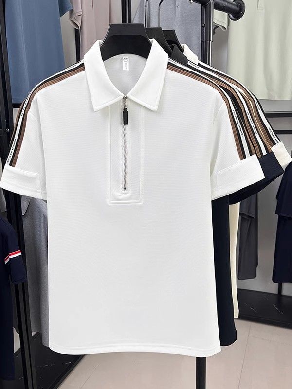 New Summer light mature men's half-zipper color-blocked striped short-sleeved polo shirt men's loose lapel polo shirt