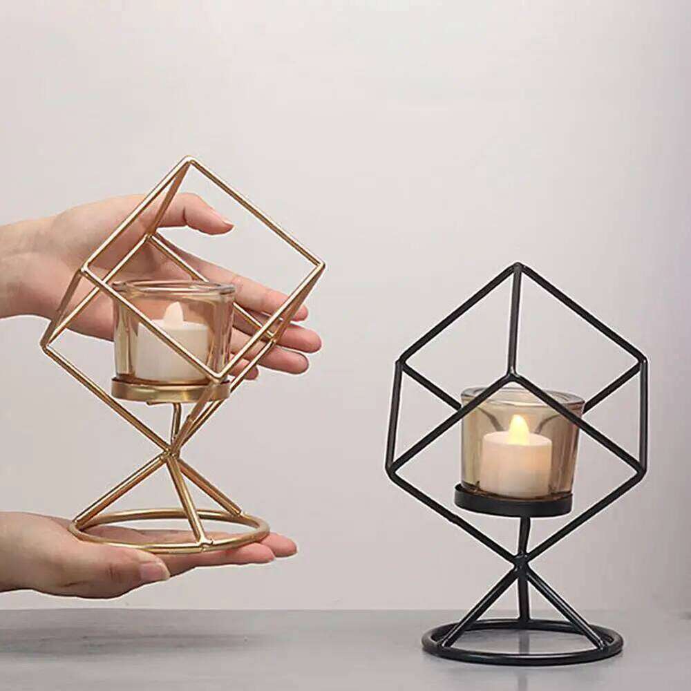 Holder with Glass Cup Geometry Iron Art Nordic Style Creative Candle Stand Table Ornament for Party Home Decoration Y260131