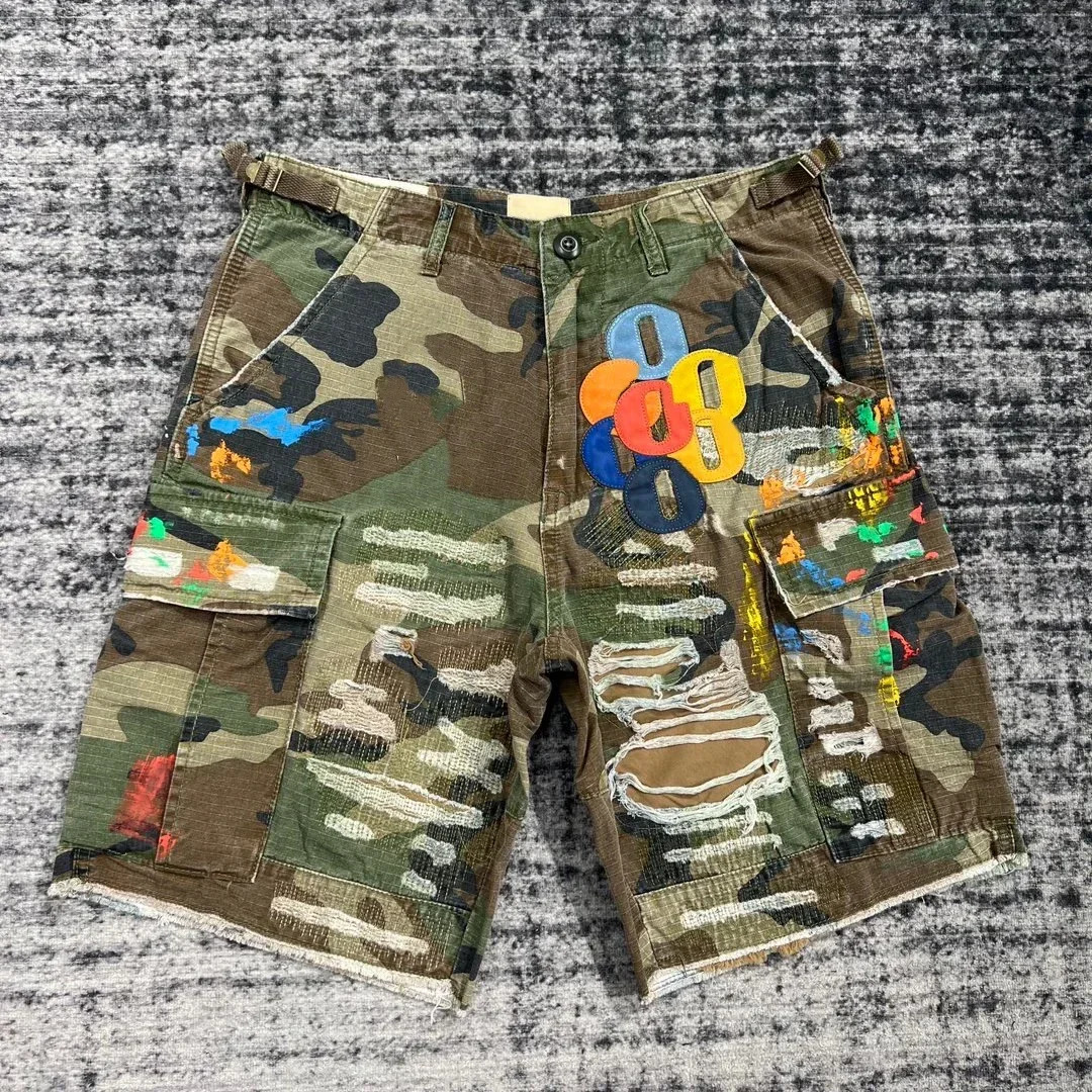 Retro Camouflage Cargo Denim Shorts Y2K Jeans Mens Pocket Embroidery Baggy Low Waist Over The Knee Pants Casual 260126