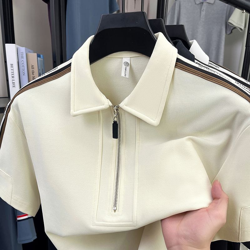 New Summer light mature men's half-zipper color-blocked striped short-sleeved polo shirt men's loose lapel polo shirt