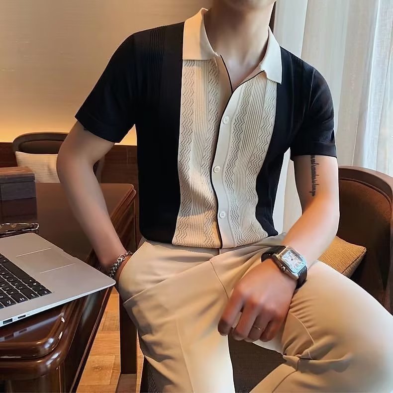 2026 Summer men's knit polo shirt slim solid color ice silk casual lapel half-sleeve polo shirt