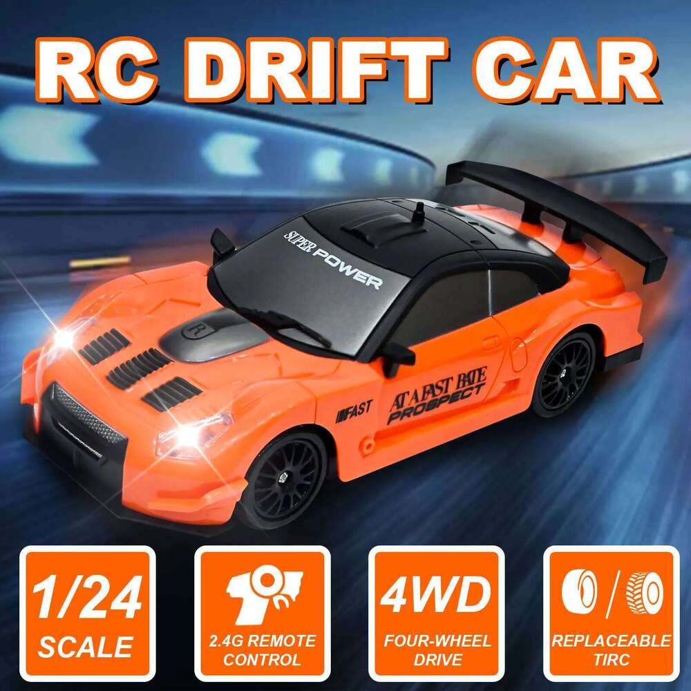 1:24 scale 4WD remote drift car 2.4GHz, with lights and spare tires, 2 rechargeable batteries, ideal gift for birthday Y260131