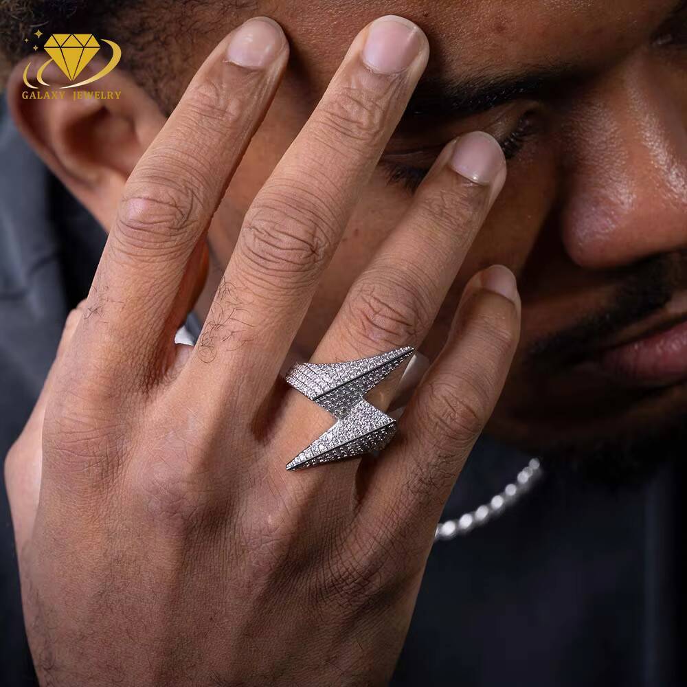 Fashion Hip Hop Ring 3D Moissanite Lightning Bolt Ring 925 Sterling Silver 10k 14k 18k Gold Moissanite Diamond Ring for Men