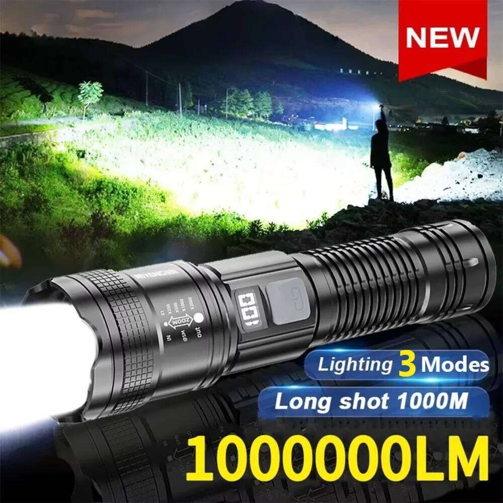 High Strong Power Led Flashlights 100000LM Tactical Torch with Display Light USB Charging Camping Fishing Defensa Zoom Lantern H260131