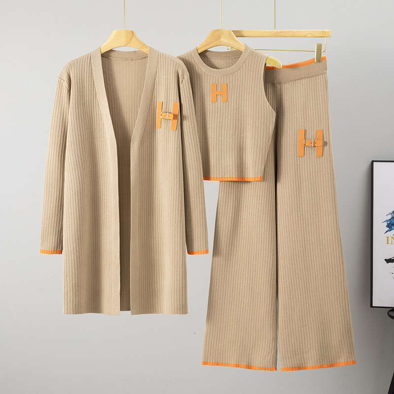 Cross-Border Foreign Trade Women's Knitted Long Cardigan Vest Wide-Leg Pants Three-Piece Set Casual Fashion Suit For Women Autumn Winter New Styl