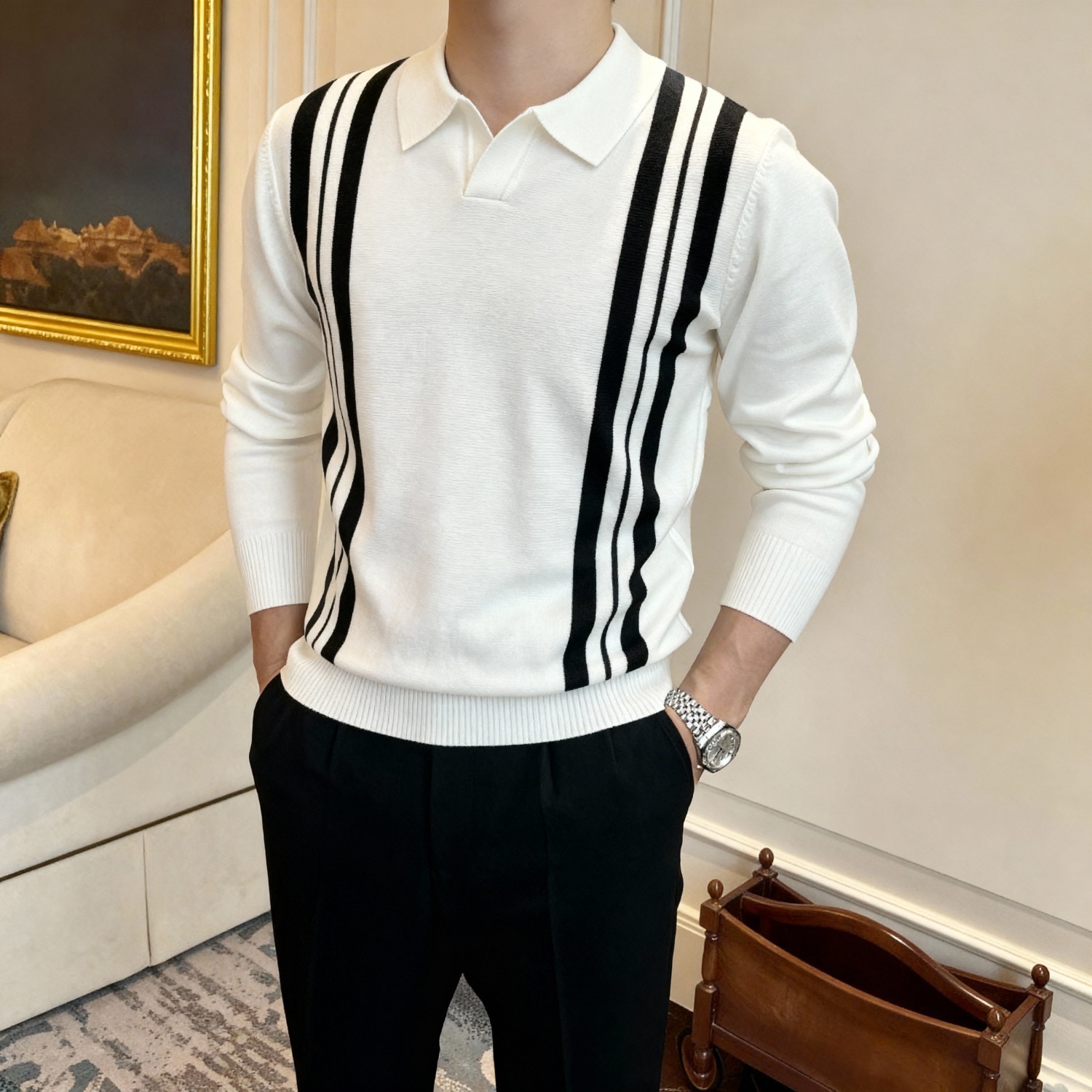 Fall and Winter New Sweater Men's British Vintage Stripe Contrast Slim Knit Top Business Casual Shirt White