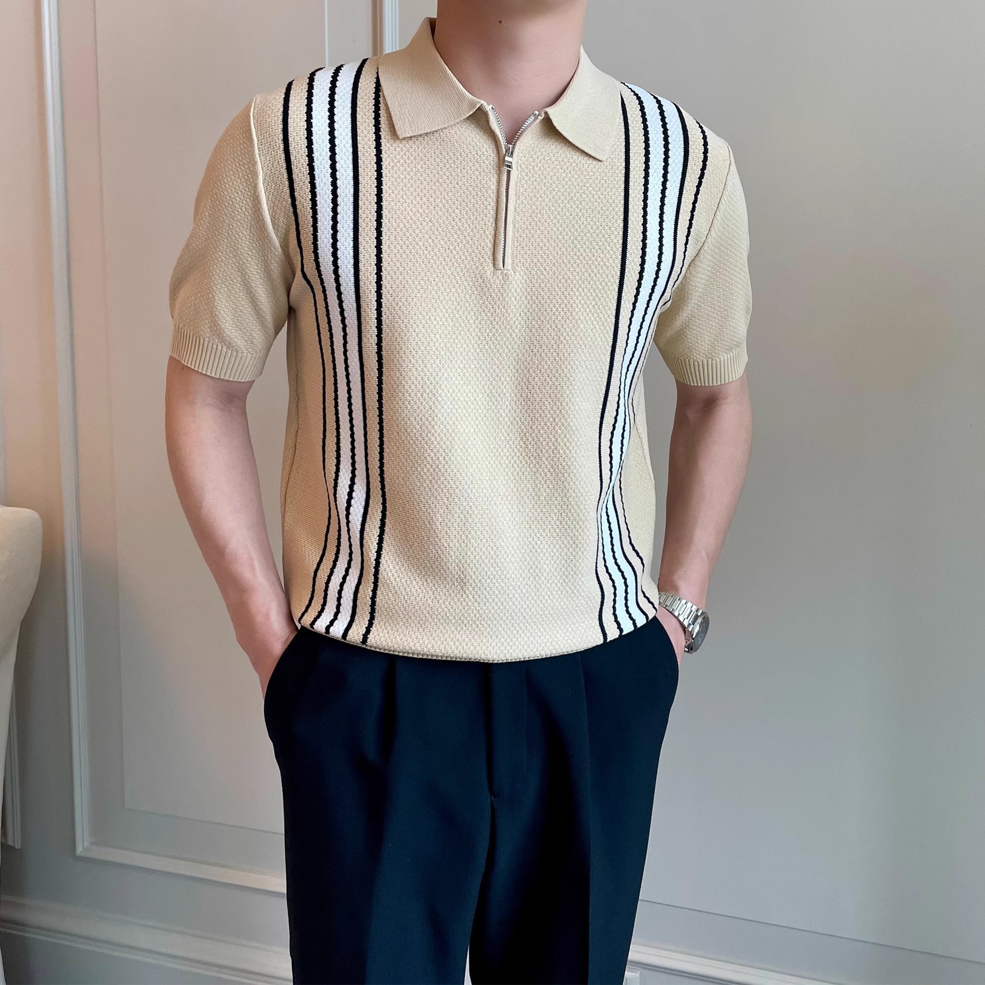 Men's light luxury summer men's vintage contrast pineapple pattern jacquard striped casual knitted POLO top