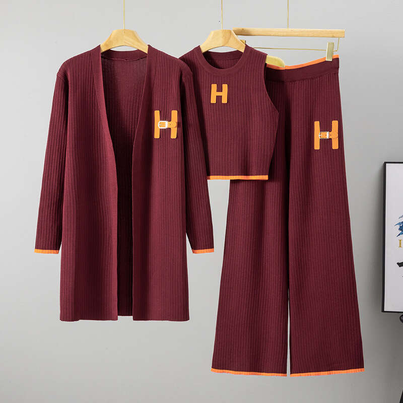 Cross-Border Foreign Trade Women's Knitted Long Cardigan Vest Wide-Leg Pants Three-Piece Set Casual Fashion Suit For Women Autumn Winter New Styl