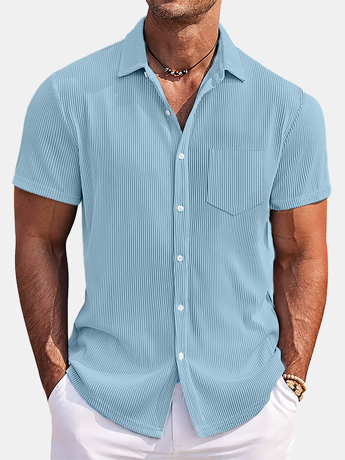 2026 New Men's comfortable and versatile vertical striped cotton and linen shirt short sleeve high-end loose cardigan men's clothing