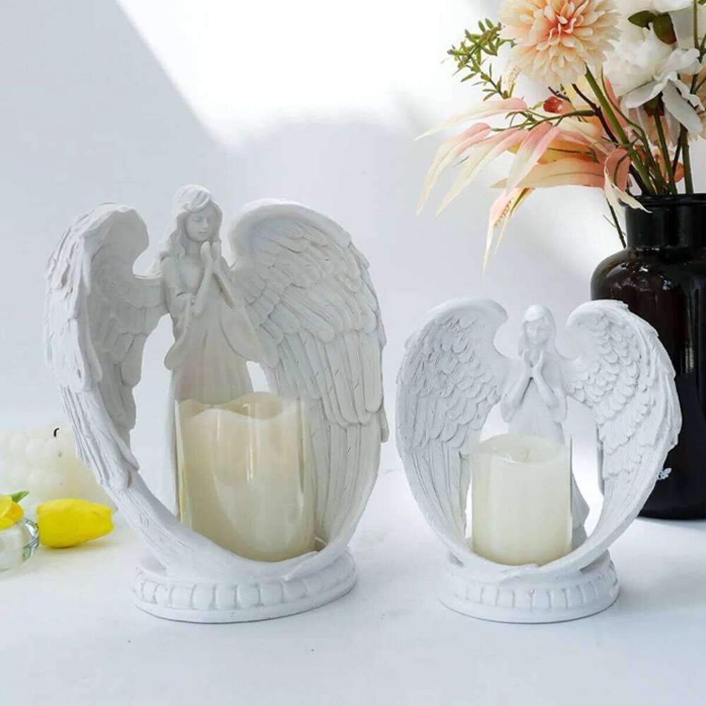 White Prayer Tealight Candle Holder for Church - Resin Religious Decor, Altar Decoration with Guardian Angel Statue Y260131