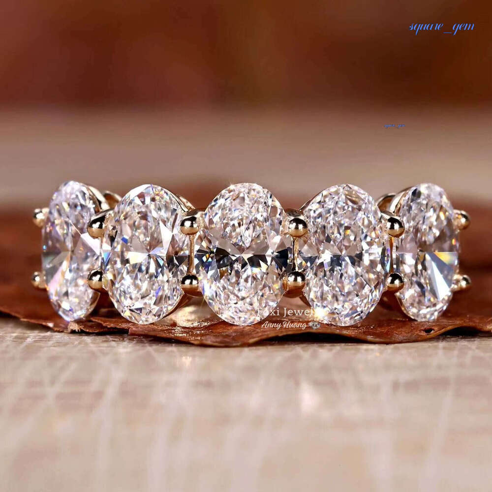 925 Silver Jewelry Yellow Gold Oval Cut Five Stones Lab Grown Diamond Wedding Ring Bling VVS Moissanite Eternity Rings For Women