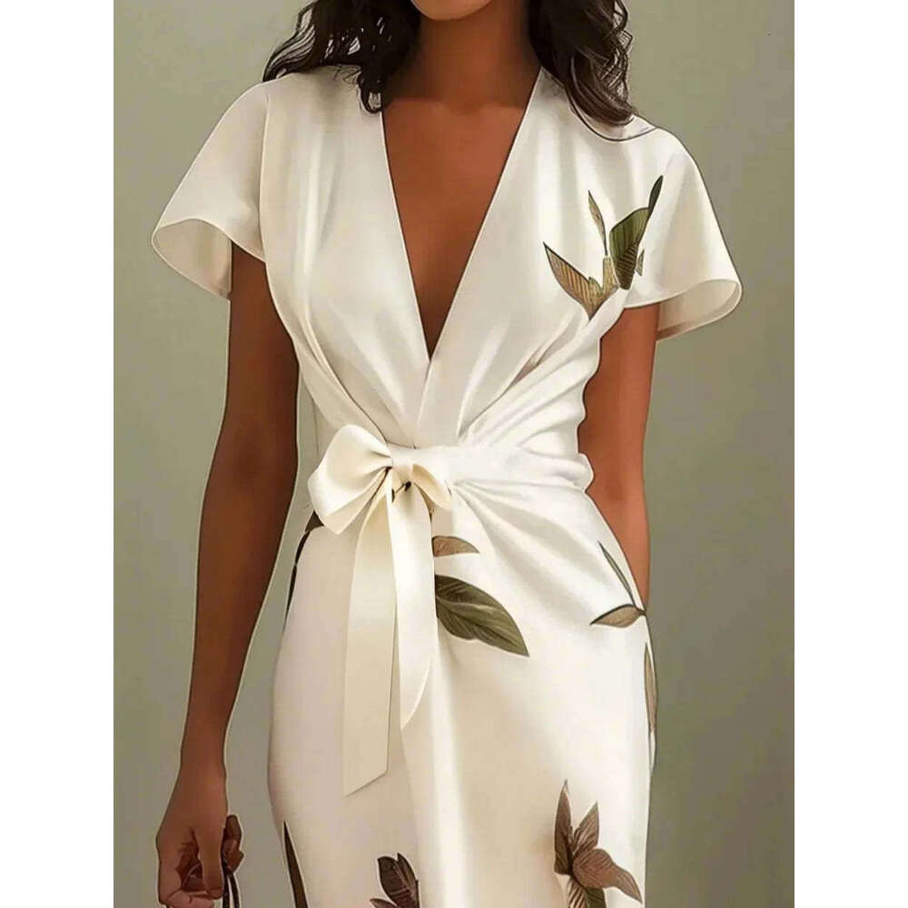 2026 European and American Fashion Cross-Border New Satin Printed Belted Dress