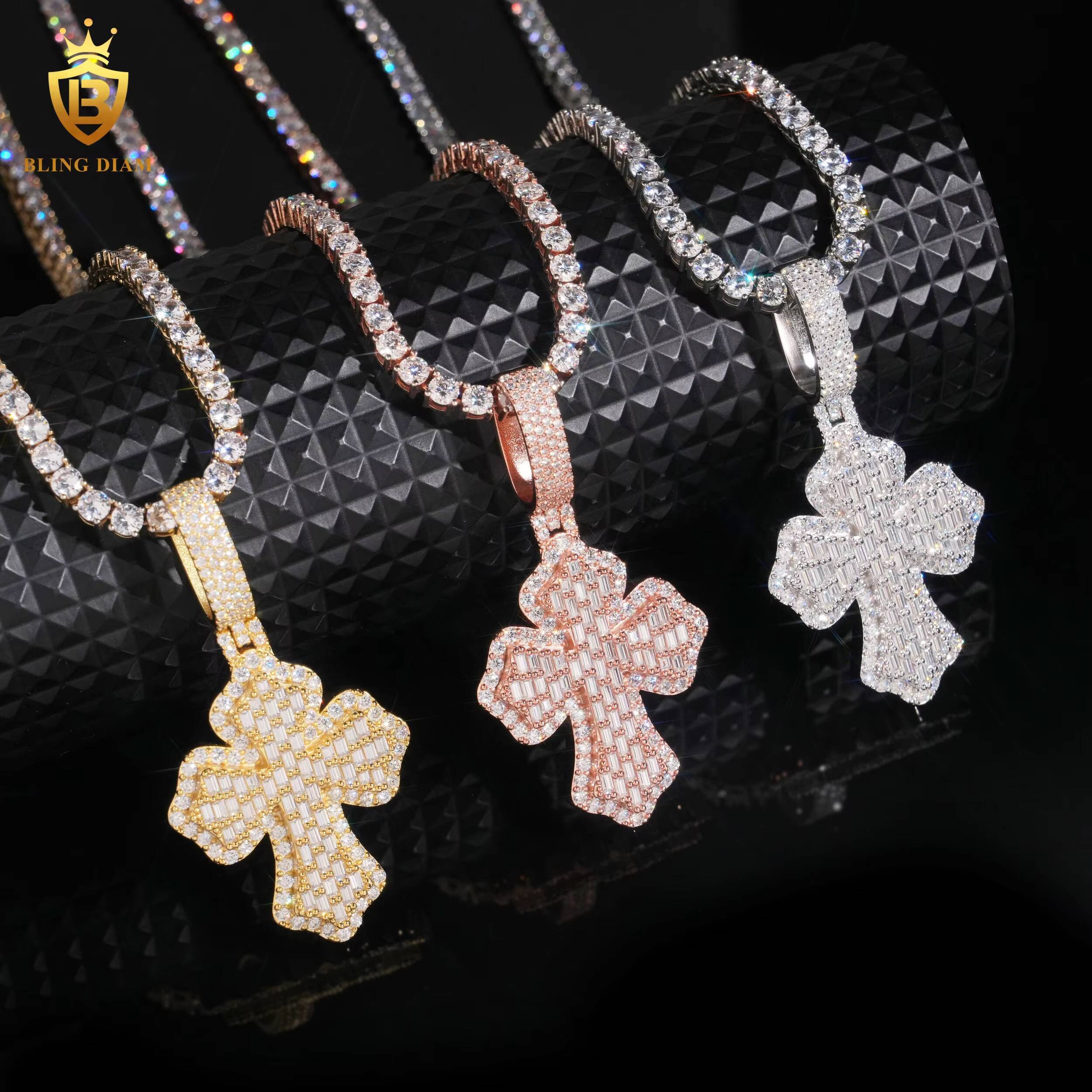 Luxury Jewelry Rose Gold Moissanite Pendant Hip Hop Pastes Diamond Tester 925 Sterling Silver Baguette Cut Cross Diamond