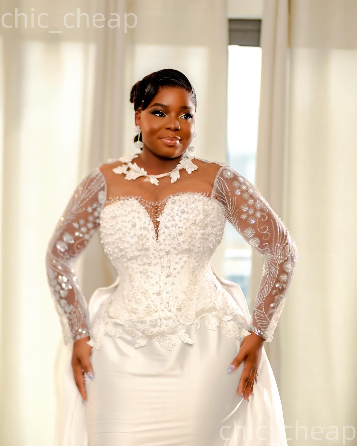 African Aso Ebi 2026 Ivory Mermaid Wedding Dress Lace Pearls Sheer Neck Satin Detachable Train Elegant Vintage Bridal Gowns Dresses ZJ267