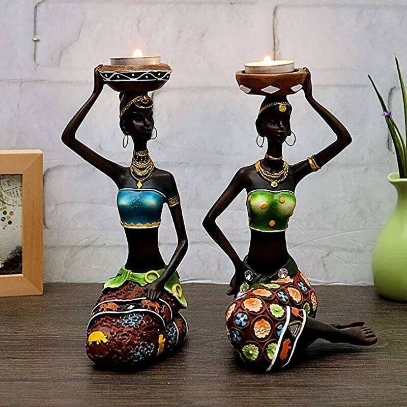 Candle Holders African Women 8.5" Decor For Table Desk Decorative Dining Room Candleholder Sculptures Resin Candlestick Vintage Y260131