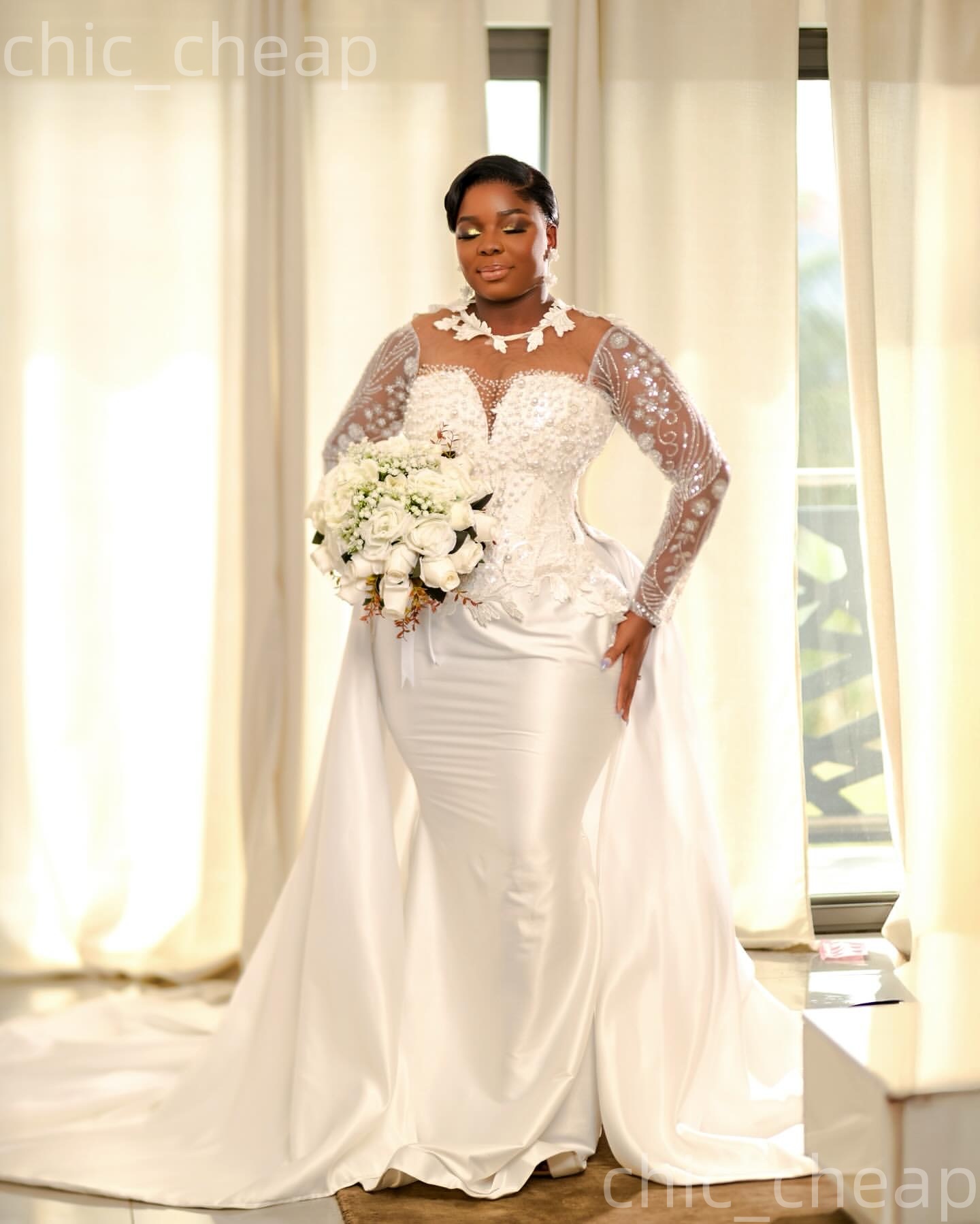 African Aso Ebi 2026 Ivory Mermaid Wedding Dress Lace Pearls Sheer Neck Satin Detachable Train Elegant Vintage Bridal Gowns Dresses ZJ267