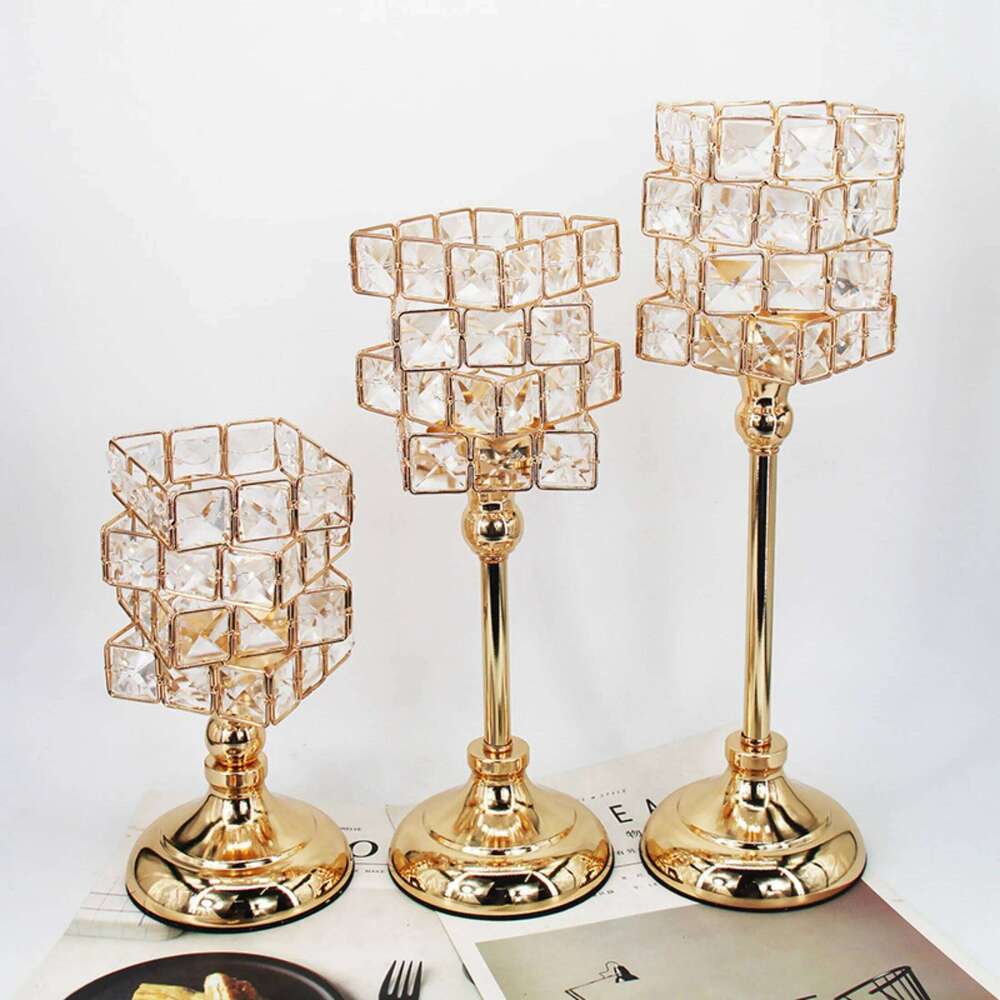 1pc Golden Crystal Pillar Candle Holder Candlesticks for Dining Coffee Table Wedding Events Parties Home Decor Y260131