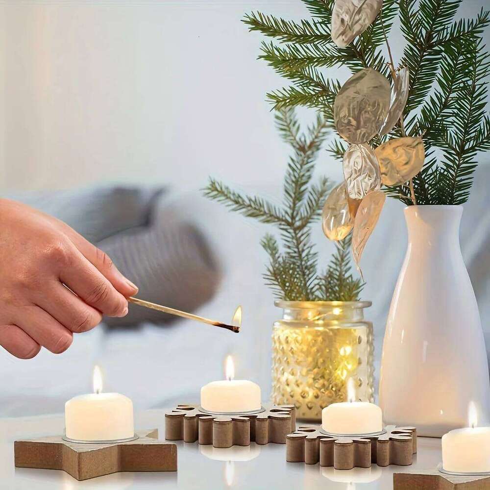 Christmas Wooden Candlestick Candle Holders Star/Snowflake/Christmas Tree Window Desktop Decoration Xmas Decor Candlelight Stand Y260131
