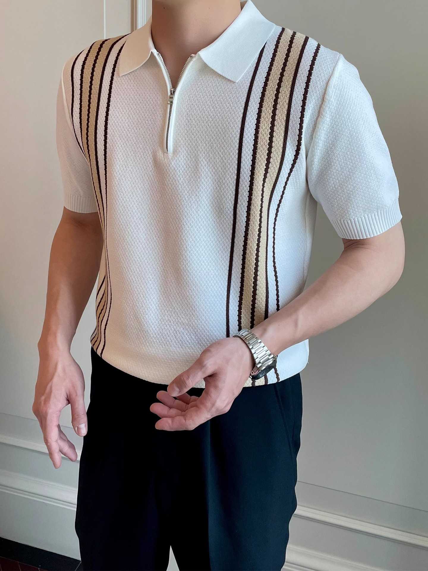 Men's light luxury summer men's vintage contrast pineapple pattern jacquard striped casual knitted POLO top